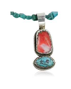 Handmade Certified Authentic Navajo .925 Sterling Silver Natural Spiny Oyster and Turquoise Native American Necklace 390682457096