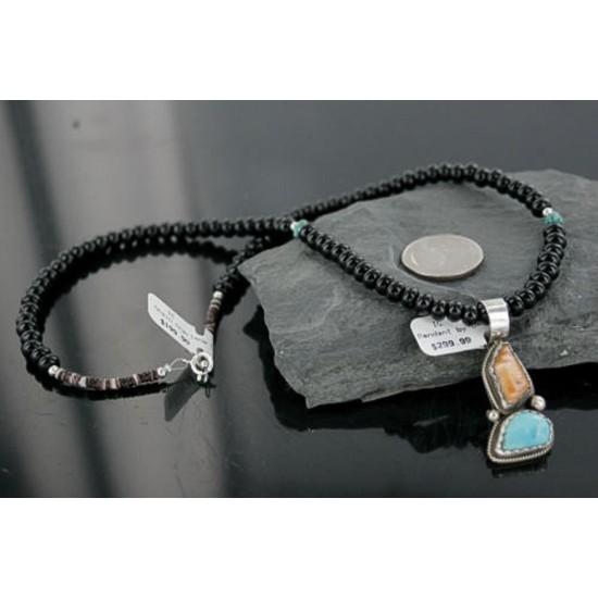 Handmade Certified Authentic Navajo .925 Sterling Silver Natural Spiny Oyster and Turquoise Native American Necklace 390712706369