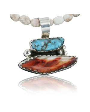Handmade Certified Authentic Navajo .925 Sterling Silver Natural Spiny Oyster and Turquoise Native American Necklace 390714008792