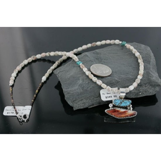 Handmade Certified Authentic Navajo .925 Sterling Silver Natural Spiny Oyster and Turquoise Native American Necklace 390714008792