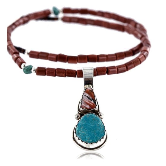 Handmade Certified Authentic Navajo .925 Sterling Silver Natural Spiny Oyster and Turquoise Native American Necklace 390761923606