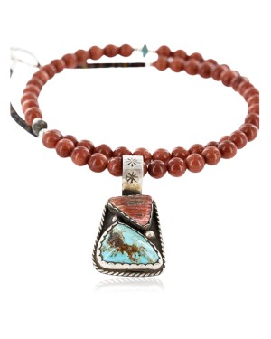 Handmade Certified Authentic Navajo .925 Sterling Silver Natural Spiny Oyster and Turquoise Native American Necklace 390765615458