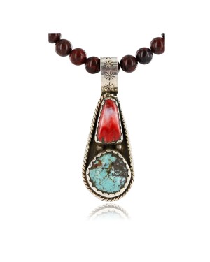 Handmade Certified Authentic Navajo .925 Sterling Silver Natural Spiny Oyster and Turquoise Native American Necklace 390767964447