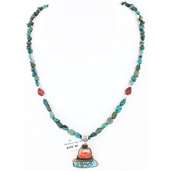 Handmade Certified Authentic Navajo .925 Sterling Silver Natural Spiny Oyster and Turquoise Native American Necklace 390778438708