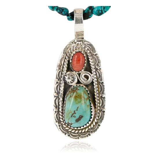 Handmade Certified Authentic Navajo .925 Sterling Silver Natural Spiny Oyster and Turquoise Native American Necklace 390805465349