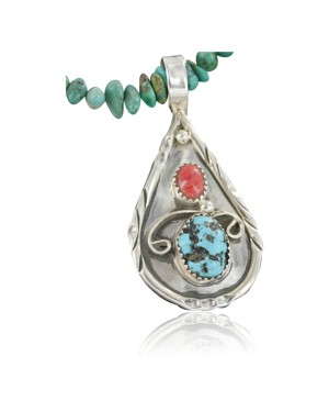Handmade Certified Authentic Navajo .925 Sterling Silver Natural Spiny Oyster and Turquoise Native American Necklace & Pendant 390679559137