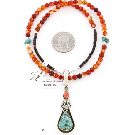 Handmade Certified Authentic Navajo .925 Sterling Silver Natural Spiny Oyster, Carnelian and Turquoise Native American Necklace & Pendant 371028093647