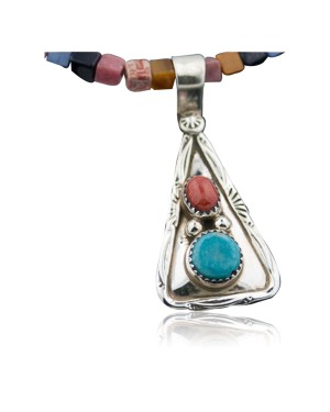 Handmade Certified Authentic Navajo .925 Sterling Silver Natural Spiny Oyster, Multicolor Stones and Turquoise Native American Necklace & Pendant 390647431918