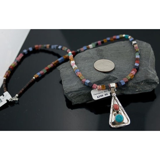 Handmade Certified Authentic Navajo .925 Sterling Silver Natural Spiny Oyster, Multicolor Stones and Turquoise Native American Necklace & Pendant 390647431918