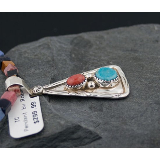 Handmade Certified Authentic Navajo .925 Sterling Silver Natural Spiny Oyster, Multicolor Stones and Turquoise Native American Necklace & Pendant 390647431918
