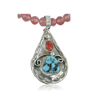 Handmade Certified Authentic Navajo .925 Sterling Silver Natural Spiny Oyster, Rose Quartz and Turquoise Native American Necklace & Pendant 370918200041