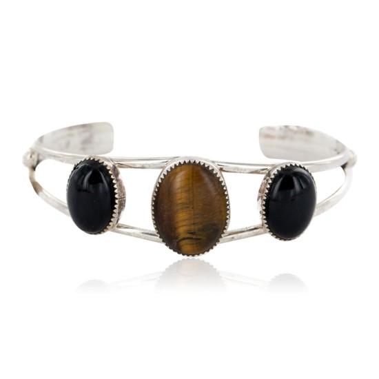 Handmade Certified Authentic Navajo .925 Sterling Silver Natural Tigers Eye Black Onyx Native American Bracelet 12820-0