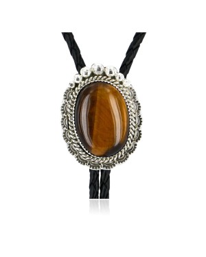 Handmade Certified Authentic Navajo .925 Sterling Silver Natural Tigers Eye Native American Bolo Tie  24407-1