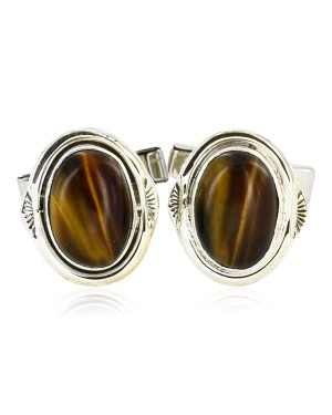 Handmade Certified Authentic Navajo .925 Sterling Silver Natural Tigers Eye Native American Cuff Links 19109-2