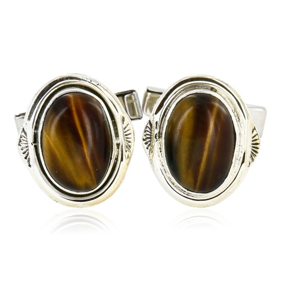 Handmade Certified Authentic Navajo .925 Sterling Silver Natural Tigers Eye Native American Cuff Links 19109-2