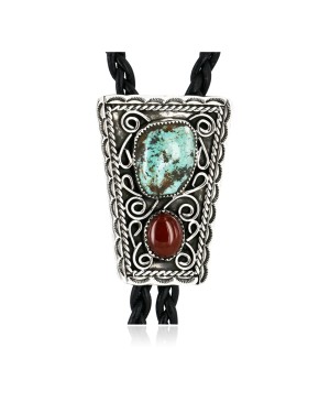 Handmade Certified Authentic Navajo .925 Sterling Silver Natural Turquoise Agate Native American Bolo Tie  24390-1