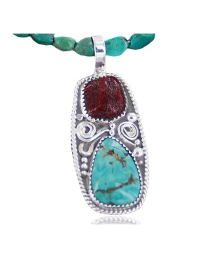 Handmade Certified Authentic Navajo .925 Sterling Silver Natural Turquoise and Coral Native American Necklace & Pendant 370891934268