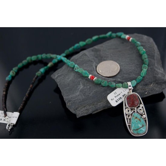 Handmade Certified Authentic Navajo .925 Sterling Silver Natural Turquoise and Coral Native American Necklace & Pendant 370891934268