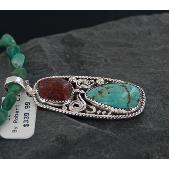 Handmade Certified Authentic Navajo .925 Sterling Silver Natural Turquoise and Coral Native American Necklace & Pendant 370891934268