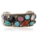 Handmade Navajo .925 Sterling Silver Natural Turquoise and Multicolor Stones Native American Bracelet 12785