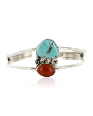 Handmade Certified Authentic Navajo .925 Sterling Silver Natural Turquoise and Red Jasper Native American Bracelet 12757-4