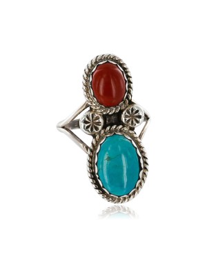 Handmade Certified Authentic Navajo .925 Sterling Silver Natural Turquoise and Red Jasper Native American Ring  390845614761