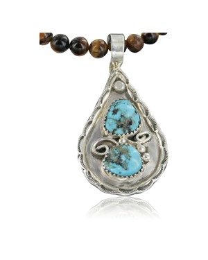 Handmade Certified Authentic Navajo .925 Sterling Silver Natural Turquoise and Tigers Eye Native American Necklace & Pendant 370918307180