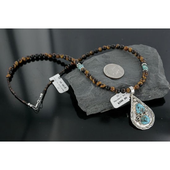 Handmade Certified Authentic Navajo .925 Sterling Silver Natural Turquoise and Tigers Eye Native American Necklace & Pendant 370918307180