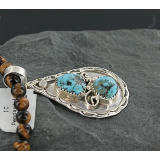 Handmade Certified Authentic Navajo .925 Sterling Silver Natural Turquoise and Tigers Eye Native American Necklace & Pendant 370918307180