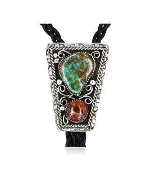 Handmade Certified Authentic Navajo .925 Sterling Silver Natural Turquoise Jasper Native American Bolo Tie  24390-2