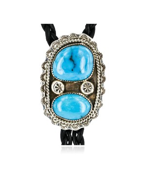 Handmade Certified Authentic Navajo .925 Sterling Silver Natural Turquoise Native American Bolo Tie  24382