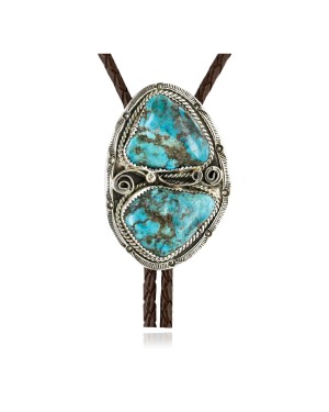 Handmade Certified Authentic Navajo .925 Sterling Silver Natural Turquoise Native American Bolo Tie  24392-1