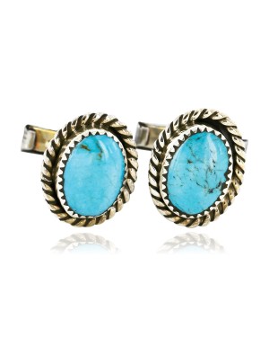 Handmade Certified Authentic Navajo .925 Sterling Silver Natural Turquoise Native American Cuff Links 19109-1