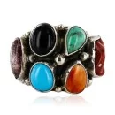 Handmade Navajo .925 Sterling Silver Natural Turquoise Onyx Coral Jasper Spiny Native American Ring 16882