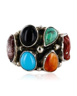 Handmade Certified Authentic Navajo .925 Sterling Silver Natural Turquoise Onyx Coral Jasper Spiny Native American Ring  16882