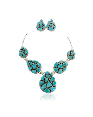 Handmade Certified Authentic Navajo .925 Sterling Silver Natural Turquoise Set Native American Necklace Earrings 15783-17903