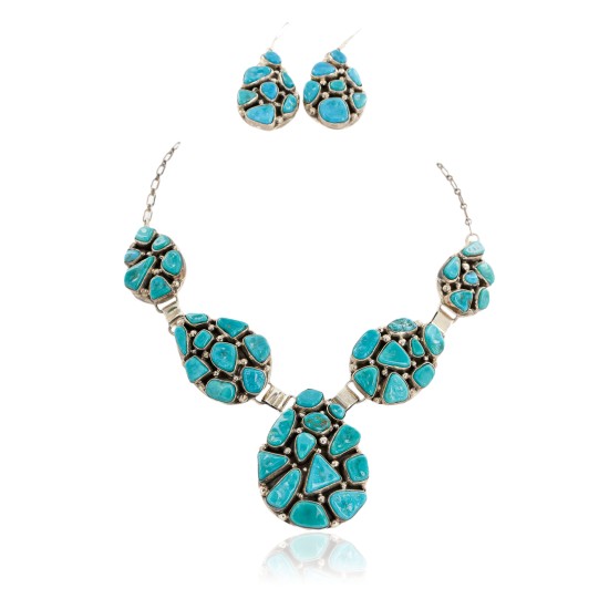 Handmade Certified Authentic Navajo .925 Sterling Silver Natural Turquoise Set Native American Necklace Earrings 15783-17903