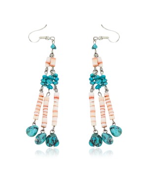 Handmade Certified Authentic Navajo .925 Sterling Silver Natural Turquoise Spiny Oyster Native American Dangle Earrings 18201