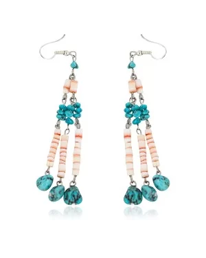 Handmade Navajo .925 Sterling Silver Natural Turquoise Spiny Oyster Native American Dangle Earrings 18201