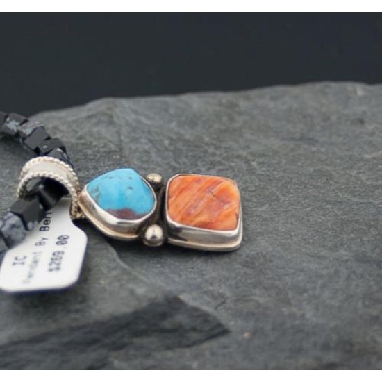 Handmade Certified Authentic Navajo .925 Sterling Silver Natural Turquoise Spiny Oyster Native American Necklace 390592060532