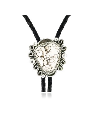 Handmade Certified Authentic Navajo .925 Sterling Silver Natural White Buffalo Native American Bolo Tie  24407-3