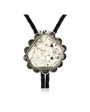 Handmade Certified Authentic Navajo .925 Sterling Silver Natural White Buffalo Native American Bolo Tie  24408-2