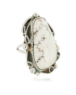 Handmade Certified Authentic Navajo .925 Sterling Silver Natural White Buffalo Native American Ring  17024-1
