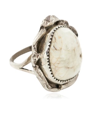 Handmade Certified Authentic Navajo .925 Sterling Silver Natural White Buffalo Native American Ring 18297-2