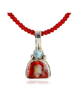HANDMADE Certified Authentic Navajo .925 Sterling Silver Orange Spiny Oyster, Coral and Turquoise Native American Necklace 390887168794