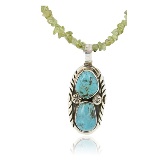 Handmade Certified Authentic Navajo .925 Sterling Silver Peridot and Turquoise Native American Necklace & Pendant 390795467394