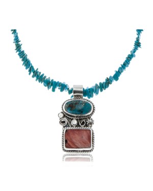 Handmade Certified Authentic Navajo .925 Sterling Silver Spiny Oyster and Natural Turquoise Native American Necklace & Pendant 390619935942