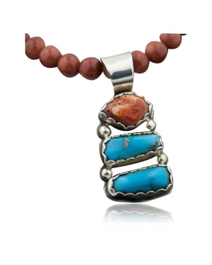 Handmade Certified Authentic Navajo .925 Sterling Silver Spiny Oyster and Turquoise Native American Necklace 370877097358