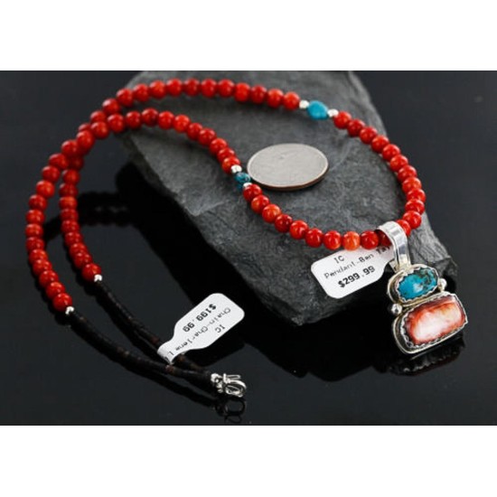 HANDMADE Certified Authentic Navajo .925 Sterling Silver Spiny Oyster and Turquoise Native American Necklace 371114530789