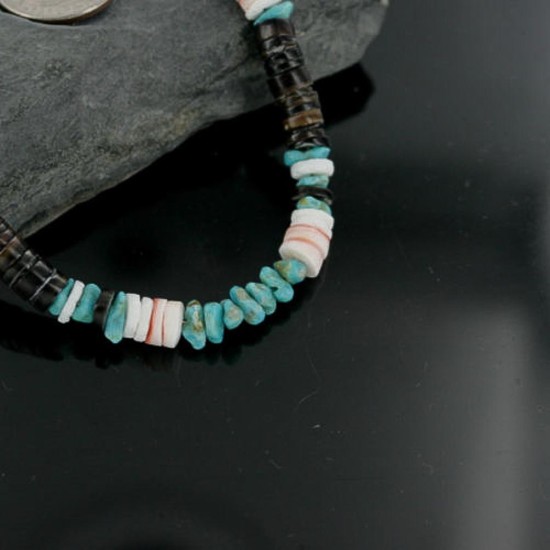 Handmade Certified Authentic Navajo .925 Sterling Silver Spiny Oyster, Turquoise and Graduated Heishi Native American Necklace 390680374969